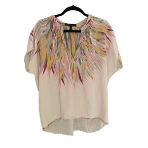 BCBGMAXAZRIA Silk Short Sleeve Blouse Feathers Cream S